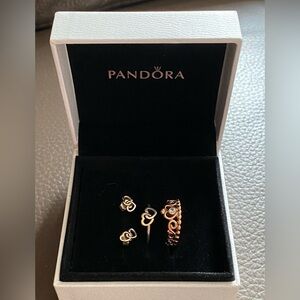 Pandora - Princess Tiara Crown and two-tone Heart Rings (6.5) and Heart earrings